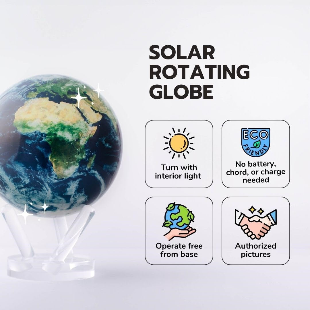 8.5” Self-Rotating Globe Powered by Light | Silent Motion, No Batteries or Wires | Unique Desk Decor